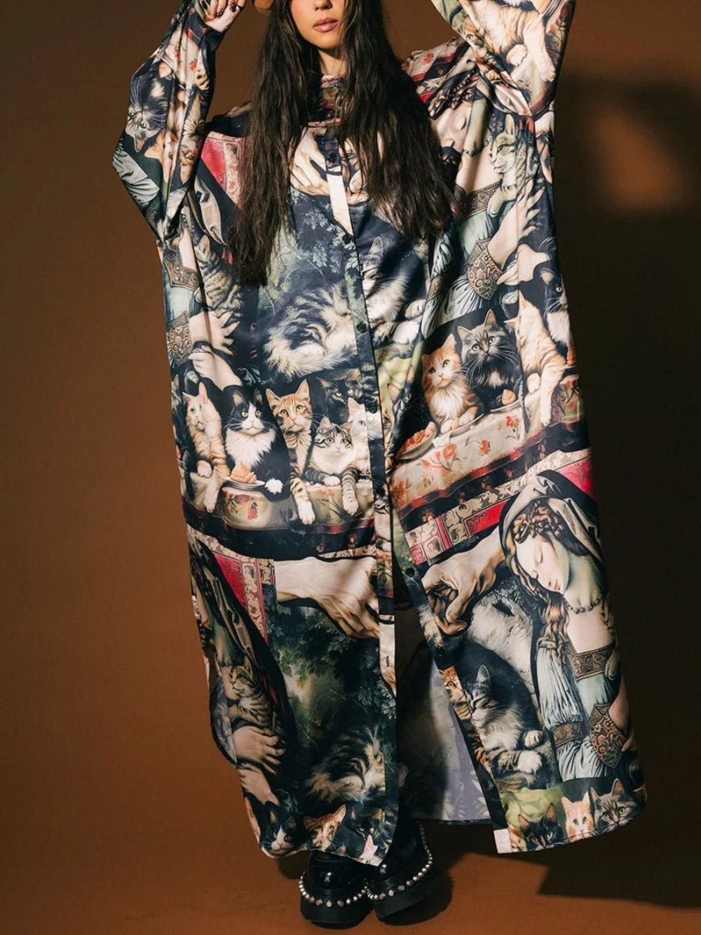 Dressed in lala Cult of Cats Satin Duster Dress, S/M L/XL